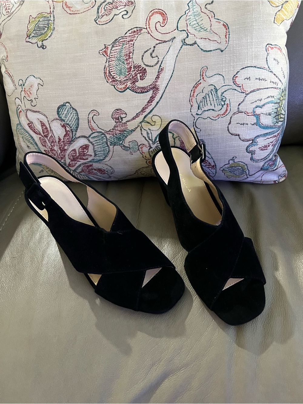 Pelle Moda Black Suede Crisscross Slingback Wedge Mules